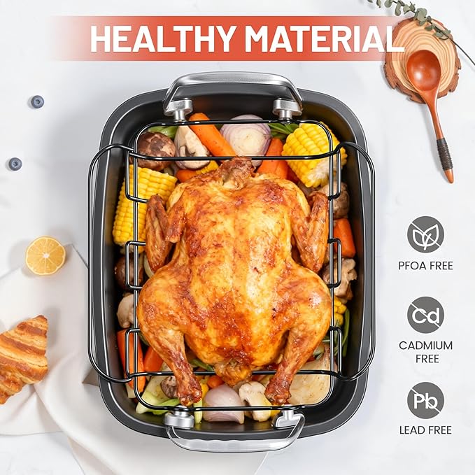 24lb Carbon Steel Nonstick Roasting Pan with Rack - BPA Free, Leak-Proof, 450°F Heat Resistant (17x13x4in) | Oil-Draining, Dishwasher Safe for Thanksgiving Christmas Turkey
