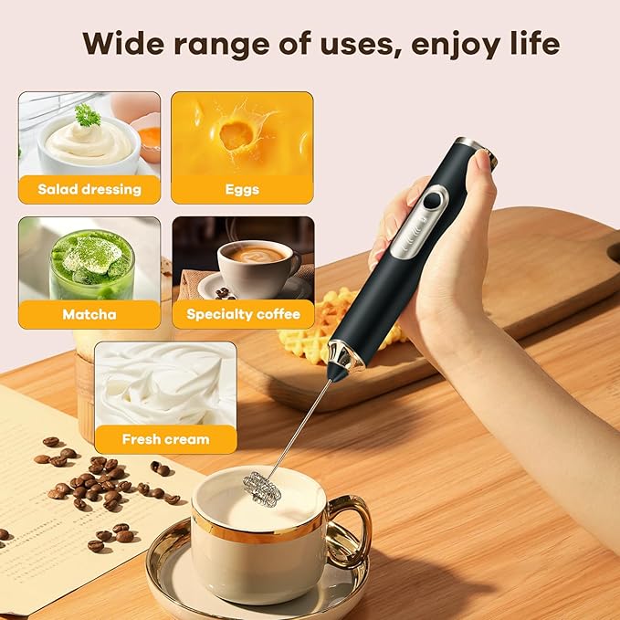 Milk Frother Handheld Rechargeable with Stand, Frother Wand Foam Maker 3 Speed Adjustable Drink Mixer with Detachable Stainless 2 Whisks Electric Coffee Frother Stirrer For Latte, Cappuccino, Egg