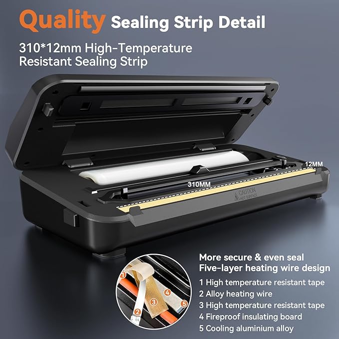 Vacuum Sealer Machine, Food Sealer Vaccum Sealers for Food 80KPA Automatic 8-IN-1 Sealing Dry/Moist Mode with Build-in Cutter&Storage, Digital Countdown, Air Suction Hose, 2 Roll-Bags, 11 Vacuum Bags