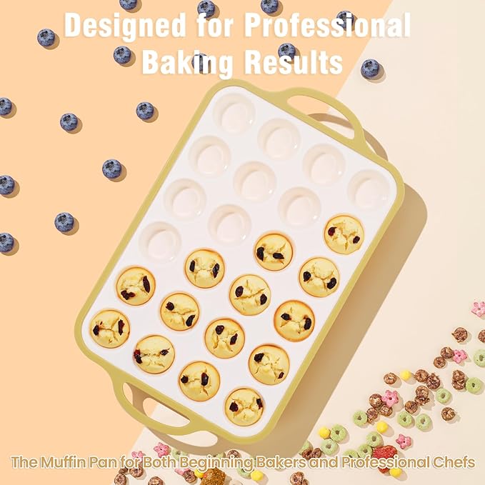 Silicone Mini Muffin Pan With Metal Reinforced Frame - 24 Cups Durable Silicone Cupcake Pan for Muffin, Cupcakes, BPA Free and Dishwasher Safe - 2 Piece Light Yellow
