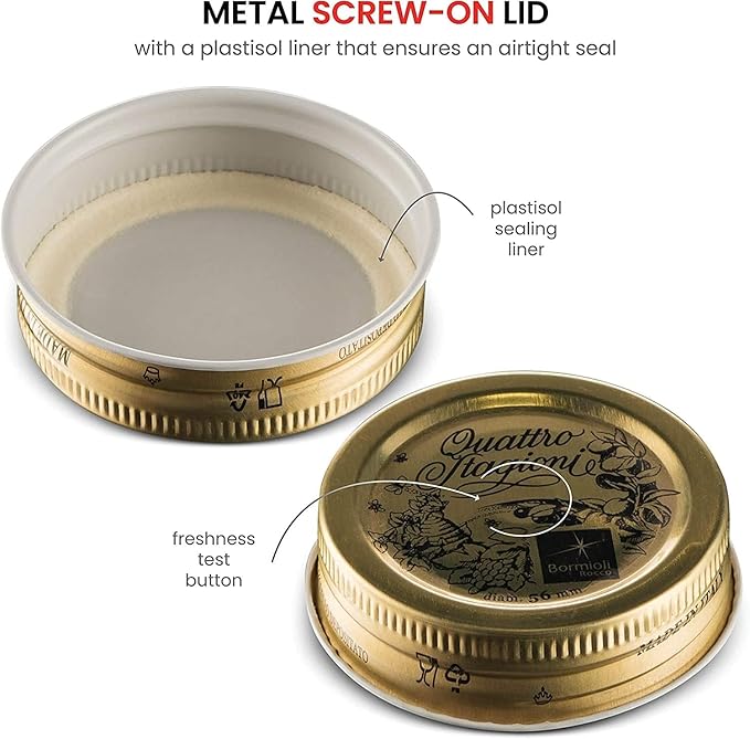 Bormioli Rocco Quattro Stagioni 6.75 oz Glass Preserving Jar (Set of 6) - Wide‑Mouth Twist‑Top Canister with Airtight Seal - Bee embossed Storage & Serving Vessel - Made in Italy, BPA‑Free