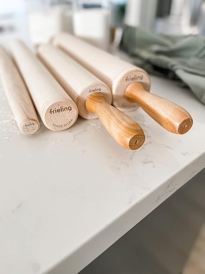 Frieling Maple Rolling Pin with Handles - 2.4-in x 12-in Barrel, Natural Wood - Baking Essentials, Pastry Roller & Pizza Dough Roller