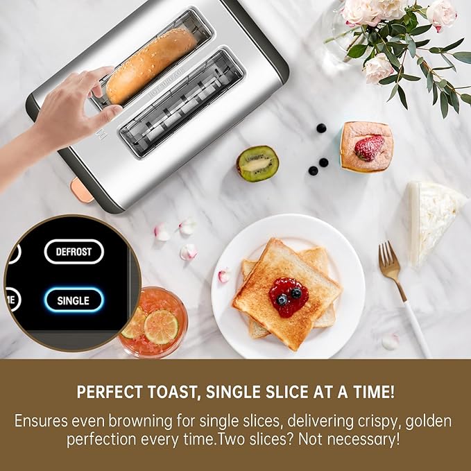 SEEDEEM Toaster 2 Slice, Real Touch Screen with LCD Display, Single-Slice Function, Stainless Steel Toaster, 50% Faster Heating, 1.5" Wide Slots, Removable Crumb Tray, 1350W, Dark Metallic