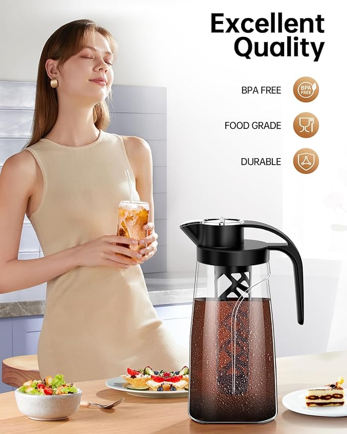 Cold Brew Coffee Maker, 70 oz (2100 ml) BPA Free Tritan Pitcher, Iced Coffee Maker and Tea Brewer, 100% Leak-Proof, Easy to Clean Reusable Mesh Filter, Black (2 Pack)