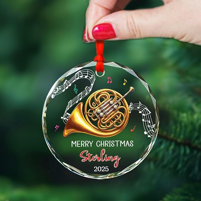 Musical Instrument Glass Ornament Christmas 2025, Personalized French Horn Player Xmas Ornaments, French Horn Glass Ornament Gifts for Musician, Custom Text & Name Instrument Lover Christmas Keepsake
