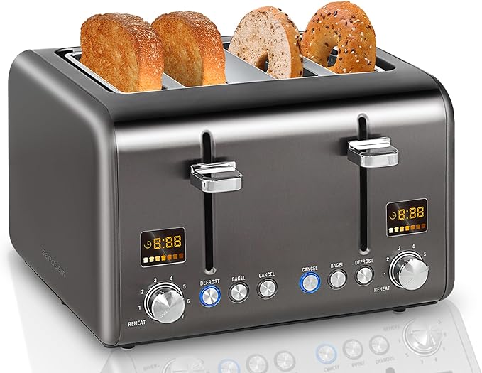 SEEDEEM 4 Slice Stainless Toaster with LCD Display, 7 Shade Settings, Wide Slots, Bagel/Defrost/Reheat Functions, Removable Crumb Tray, 1800W