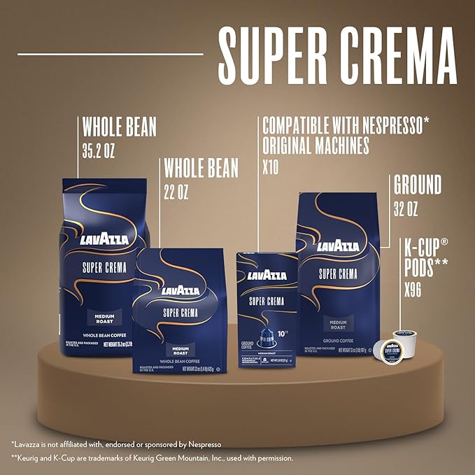 Lavazza Super Crema Whole Bean Espresso Coffee, 2.2lb Bag, Vacuum-Packed
