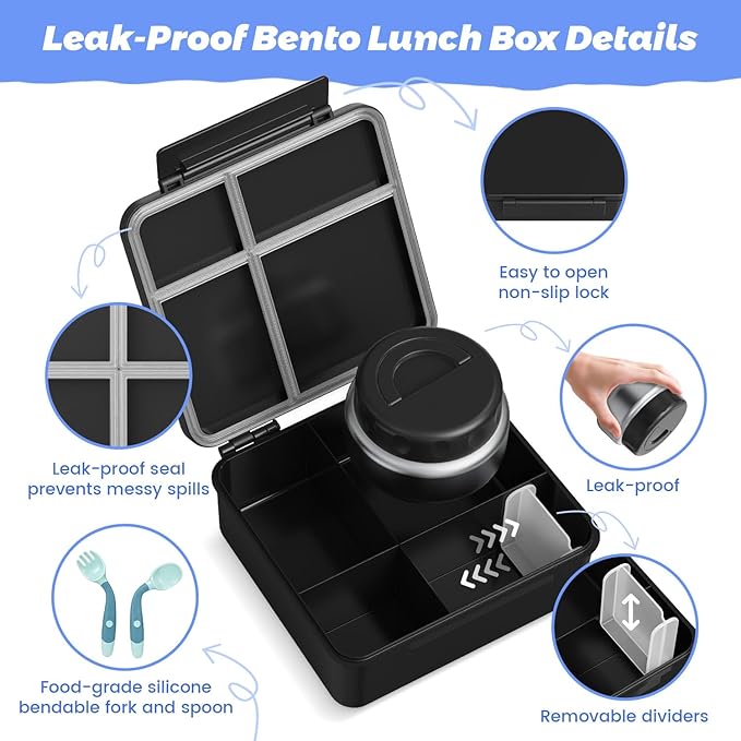 Kids Bento Lunch Box with Thermos, Leakproof Toddler Bento Box with 9 OZ Insulated Food Jar, Lunch Bag & Utensils 3 or 4 Compartment Container for School Girls Boys