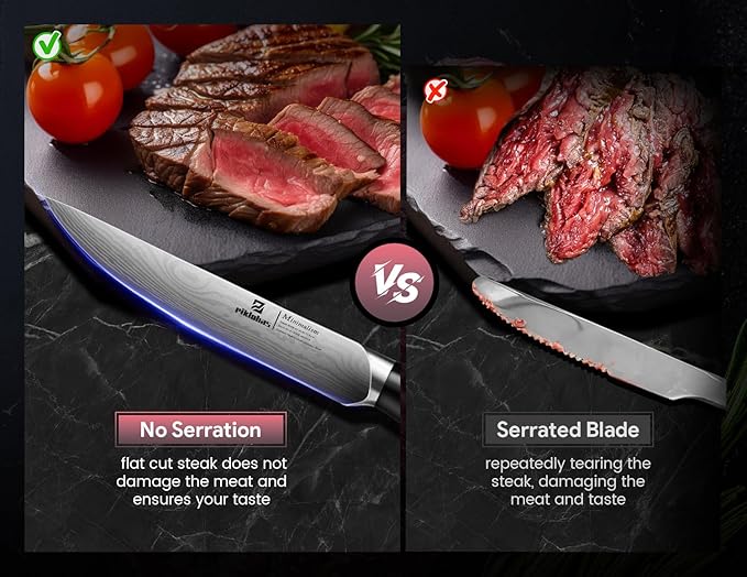 Steak Knives Set of 6, 4.5 Inch Non Serrated Dinner Knife, Forged German Steel Damascus Pattern Straight Edge Meat Knife with Full Tang Handle, Dishwasher Safe, Ideal for Gift