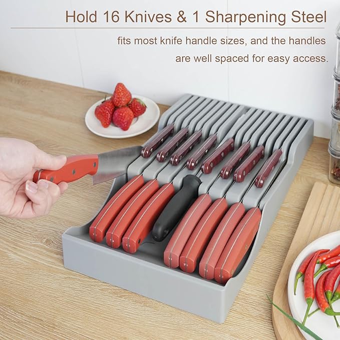 Drawer Knife Organizer,Kitchen Knife Drawer Organizer Insert Hold 16 Knives and 1 Sharpening Steel (Not Included) Large Chefs Knives Holder Storage Set for Kitchen Drawer Neat and Orderly