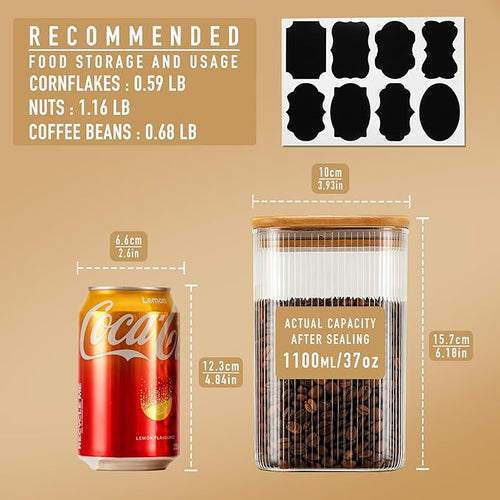 37oz Airtight Glass Square Storage Canisters with Bamboo Lids Set of 6 (1100ml) Striped Stackable Containers, Kitchen Jars for Pantry Noodles, Flour and Coffee beans (‎with Black Lable)