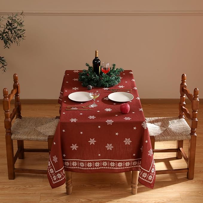 ISAENNE Designer Christmas Red Extra Long Rectangle Tablecloth,Linen Table Cloth with Snowflakes Pattern,Wrinkle Resistant Decor Tablecloths for Dining Kitchen Thanksgiving,63"*110"-Carol C