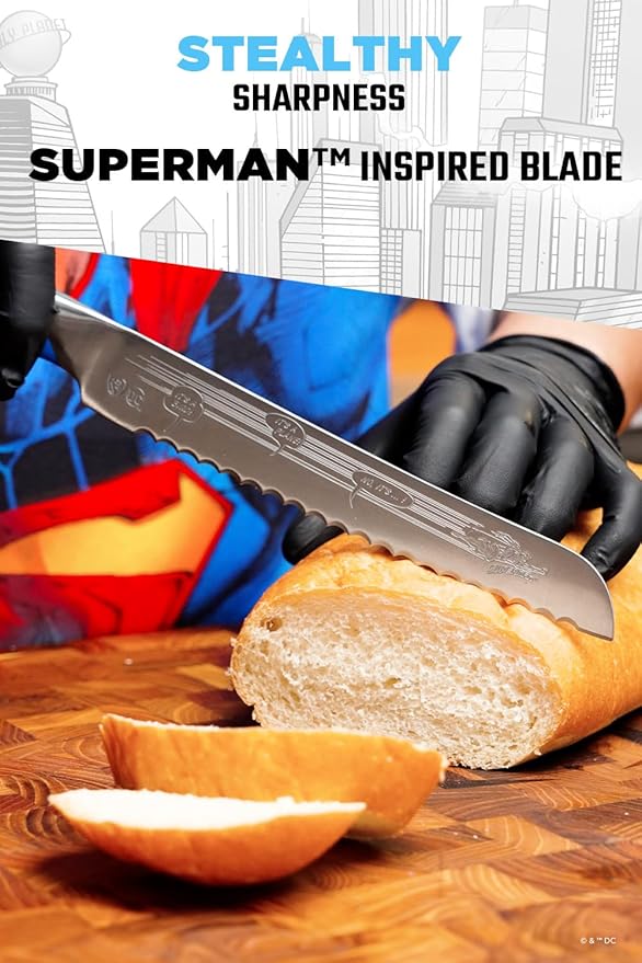 Dalstrong Serrated 8 inch Bread Knife - DC Superman™ Edition - Premium German Stainless Steel - POM Handle Full Tang - Etched Artwork Logo - Boyfriend Valentine's Gift Bread Slicer - Leather Sheath