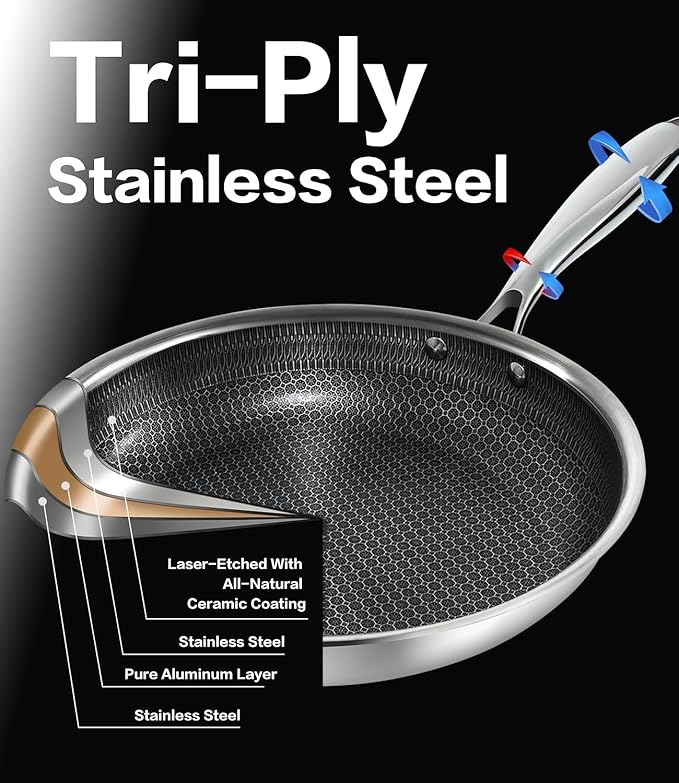 Non Stick Frying Pans with Lids, 10 Inch Fry Pan, Hybrid Large Frying Pan with Lid, Nonstick Skillet Stainless Steel, Dishwasher & Oven-Safe, Induction Compatible Cooking Pan