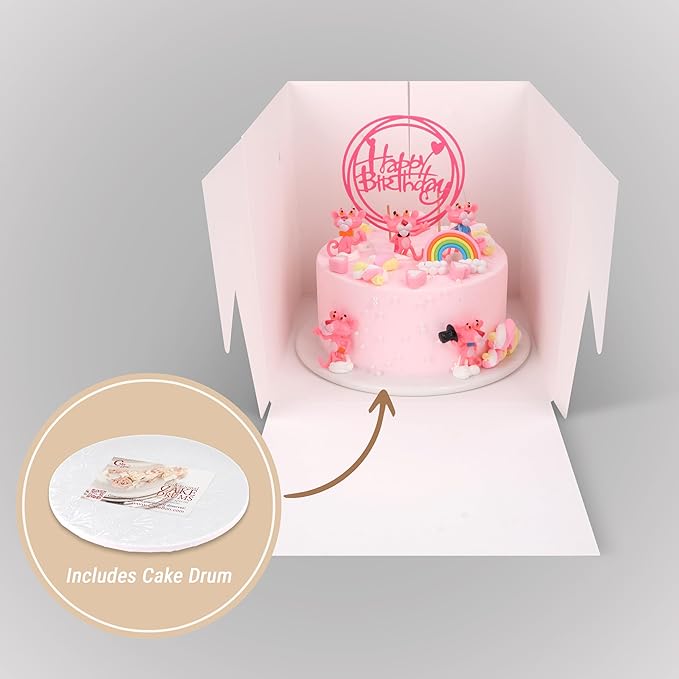 Cakebon Cake Boxes with Boards - 8 Inch Round Cake Drum Gold - Box With Window for Birthdays, Weddings and Parties (1pc Each, 2pcs Total)