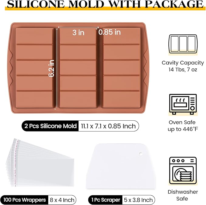 2 Pcs Chocolate Bar Molds Deep Large Chocolate Molds Silicone Break Apart Thick Silicone Molds for Candy Bar, With 100 Pcs Bags and 1 Pc Scraper Set (5 Snap）