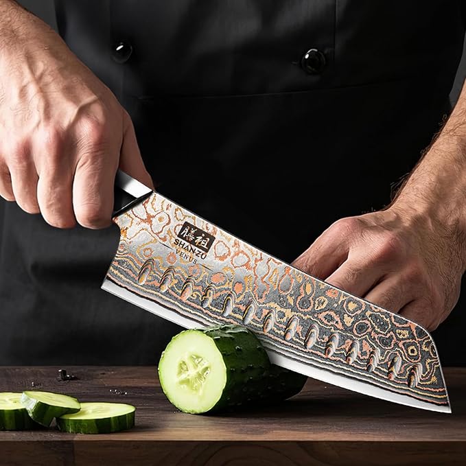 SHAN ZU Damascus Santoku Knife 7 inch, Japanese Kitchen Knives Copper & Damascus Steel High Carbon 33 Layer Hand Forged Ultra Sharp Utility Chef Knife Professional Carving Knife with Maple Wood Handle