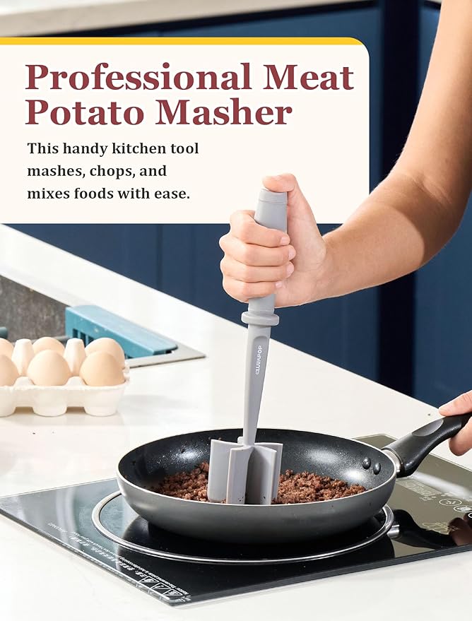 Premium Meat Chopper for Ground Beef - CLUEAPOP Heat Resistant Meat Masher - Kitchen Tools & Gadgets - Ground Beef Smasher - Non Stick Hamburger Chopper - Cook Ground Meat with Easy