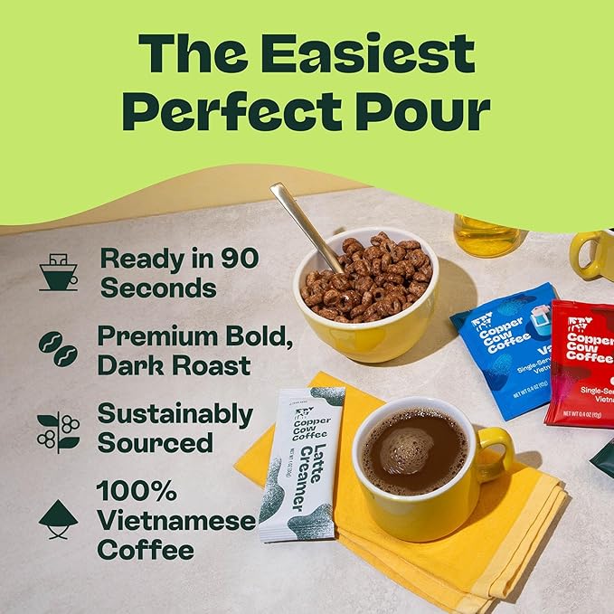 Copper Cow Premium Vietnamese Coffee Variety Pack (15 Coffees & 15 Creamers)| Classic Black, Vanilla, & Salted Caramel Latte | Pour Over Single-Serve Lattes, No Refrigeration Needed, Travel Friendly