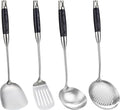 FJNATINH Wok Spatula Set of 4, Spatula Slotted Turner, Soup Ladle, Slotted Spoon for Cooking Utensils with Wooden Handle, Kitchen Stainless Steel Spatulas Cooking Spoons