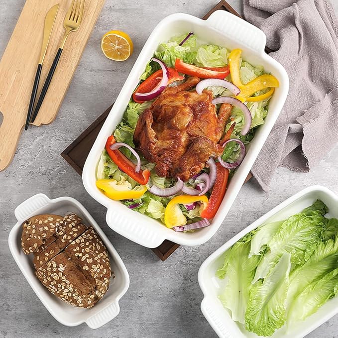 Sweejar Baking Pans Set, Ceramic 9x13 Baking Dish with Handle, Rectangular Casserole Dishes for Oven, Bakeware Sets of 3, Durable Lasagna Pan Deep for Kitchen, Banquet, Wedding Gift(White)