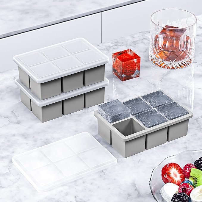 Large Ice Cube Tray for Whiskey, HANCELANT Big Silicone Square Ice Cube Mold with Removable Lid, 2'' Huge Square Ice Cubed Tray for Whisky and Cocktail
