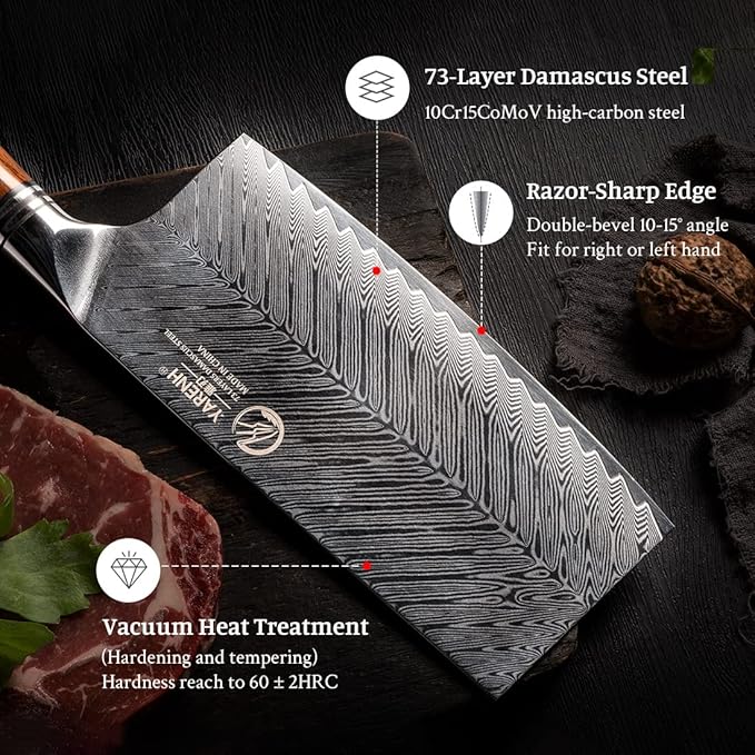 YARENH Professional Chef Knife, Cleaver Knife 7 Inch, 73 Layers Damascus Stainless Steel, Full Tang Natural Sandalwood Handle, with Gift Box