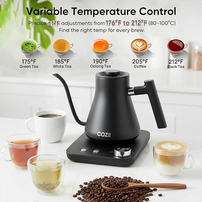 COZII Gooseneck Electric Kettle with ±1°F Temperature Control, 1200W Quick Heating for Pour Over Coffee & Tea, 0.9L Water Boiler with 24H Keep Warm & Auto Shut Off, Stainless Steel Interior, Black