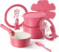 CAROTE Ceramic Sauce Pan Sets with Stand-Up Lid 2QT, 3QT & 4QT, 11 Piece NonStick Kitchen Cookware Sets with Detachable Handle, Non Toxic Cooking Pot, Oven Safe, Induction Ready, Pink