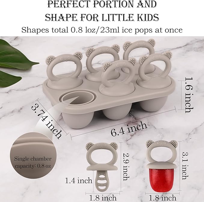 Sakolla Baby Popsicle Molds Mini 6-Cavity Silicone Ice Pop Mold with Sticks Breastmilk Popsicle Molds for Teething Relief Toddler Popsicle Mold for Ice Cream Frozen Yogurt and Fruit Juice (Grey)