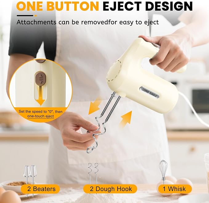 Lord Eagle 5-Speed Hand Mixer Electric Heldhand, 300W Compact Mixer for Baking, Egg Beater, Blending or Cooking, Portable & Lightweight, 5 Accessories, Cream