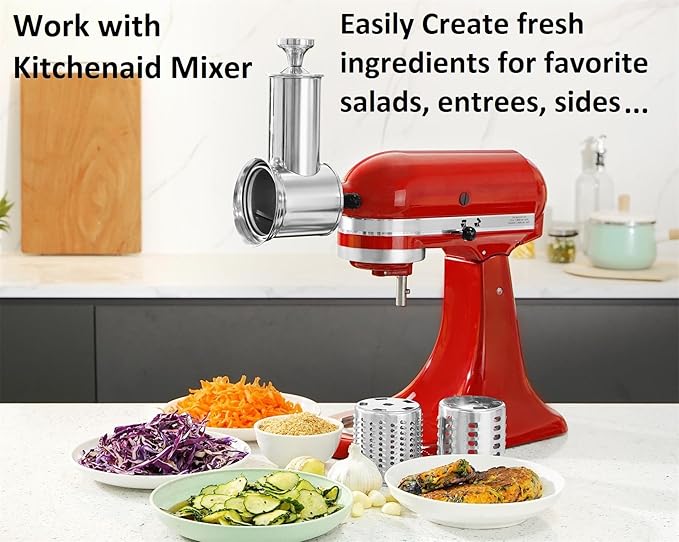 Slicer Shredder Attachment for KitchenAid Mixers, Stainless Steel Cheese Grater Salad Maker Accessories with 3 Cutting Blades,Dishwasher Safe!