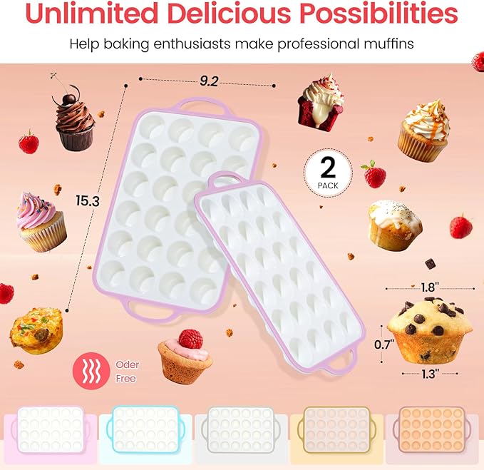 Silicone Mini Muffin Pan With Metal Reinforced Frame - 24 Cups Durable Silicone Cupcake Pan for Muffin, Cupcakes, BPA Free and Dishwasher Safe - 2 Piece Pink