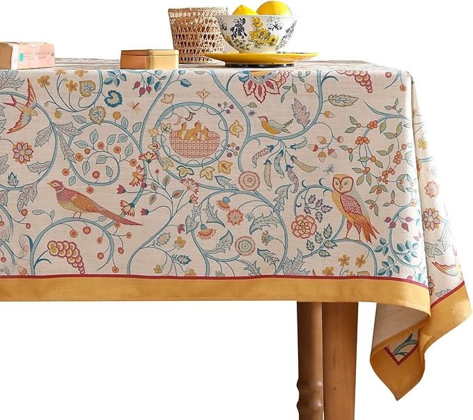 patdrea Designer French Tablecloth for Rectangle Table,Floral Birds Pattern Linen Long Table Cloth,Yellow Decorative Cover for Kitchen Dining Banquet,Christmas,Thanksgiving,63"x94"-Magnolia