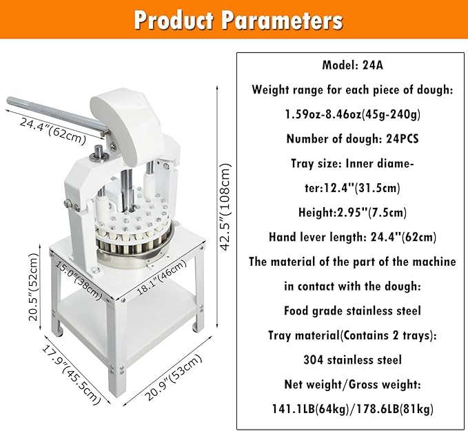INTSUPERMAI Commercial Dough Divider Cutter 24PCS Manual Cutting Machine Maker Cutter 1.59oz-8.46oz(45g-240g) Dough Divider Cutter Machine Bakery Equipment Heavy Duty for Bread, Pizza, Brioche