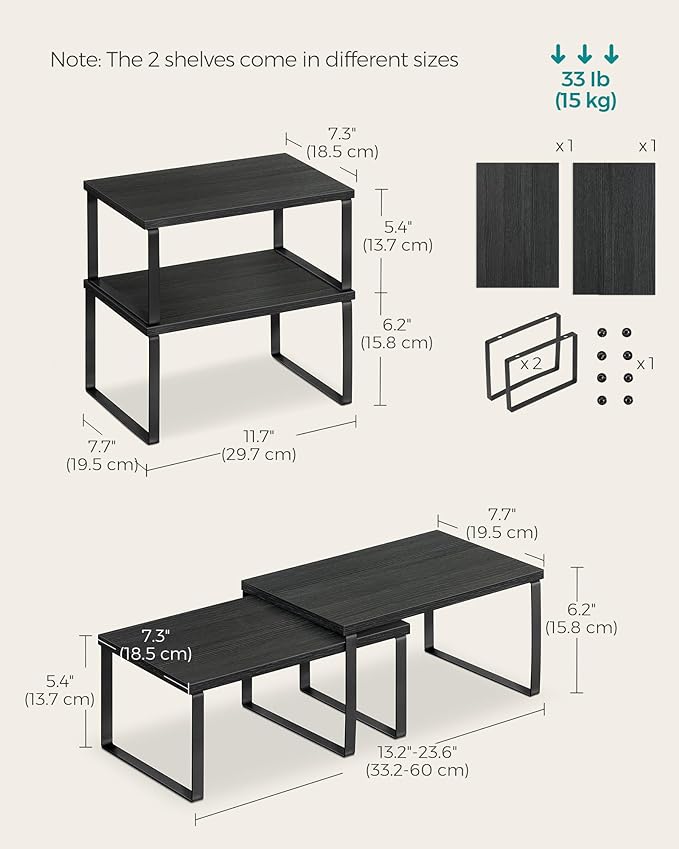 SONGMICS Cabinet Organizer Shelf, Set of 4 Kitchen Counter Shelves, Kitchen Storage, Spice Rack, Stackable, Expandable, Metal and Engineered Wood, Ink Black and Ebony Black UKCS027B01