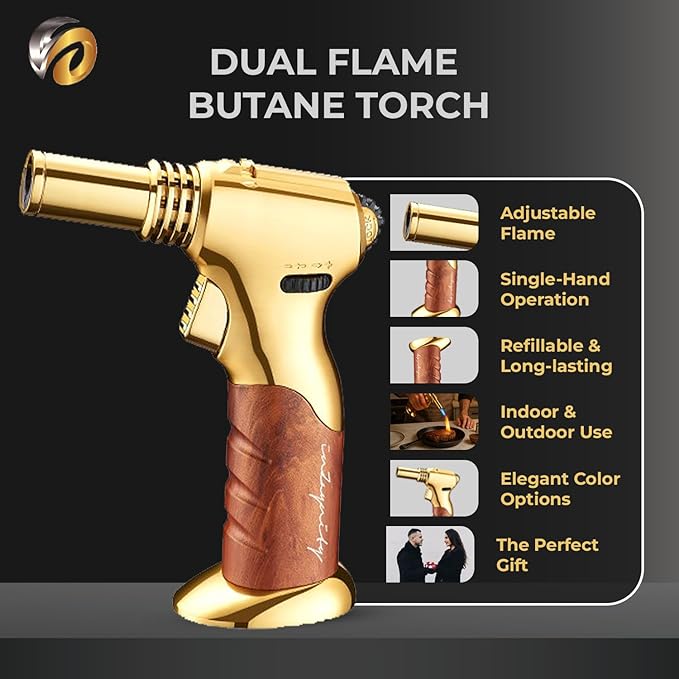 Dual Flame Butane Torch Gun – Refillable Handheld Mini Blow Torch for Cooking, Crème Brûlée, Welding, Soldering, Resin Art – Adjustable Flame & Ignition Lock–Limited Gold Brown by inZaynity