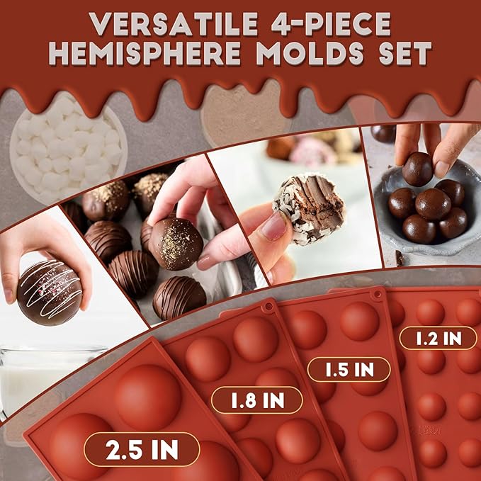 HKNMTT Hemisphere Silicone Molds 4 Size Set for Hot Cocoa Chocolate Bombs Valentines Semi Ball Making Kit Cake Decor Mould, Food Grade Non-stick Kitchen Baking Supplies Oven Safe