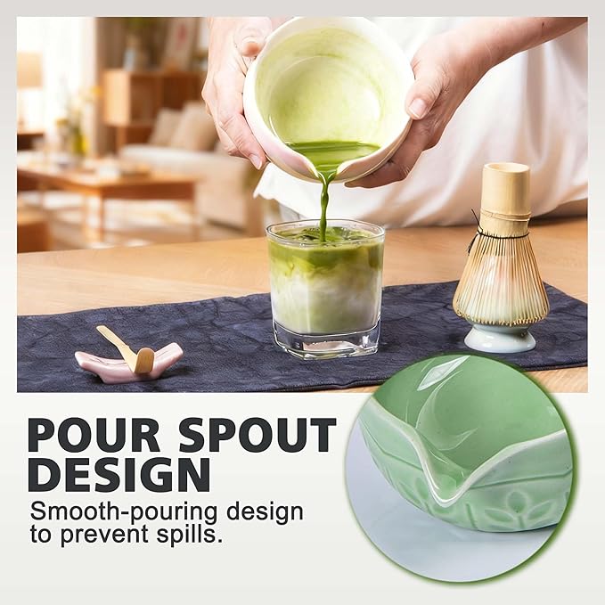 Matcha Whisk Bowl Set, 7PCS All-in-One Japanese Tea Set Includes Matcha Bowl with Spout, Bamboo Whisk (Chasen) with Stand, Scoop, Sifter, Complete Kit for Ceremony, Gift for Matcha Tea Lovers（Green)