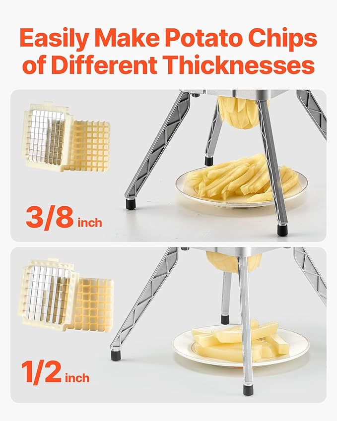 VEVOR Commercial French Fry Cutter, 1/2-Inch 3/8-Inch Blade Stainless Steel Vegetable Fruit Chopper with 2 Replacement Blades, Electric Potato Slicer Dicer for Restaurants & Home Kitchen