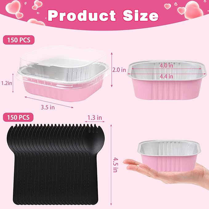 FORBFAN 150 Pcs Square Mini Cake Pans with Lids, 8 oz Individual Mini Loaf Pans, Pink Aluminum Foil Cupcake Baking Cups
