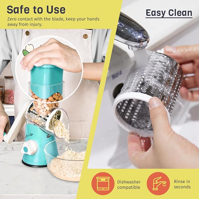 X Home Rotary Cheese Grater for Kitchen, Shredder with 3 Interchangeable Blades, Rotary Grater with Handle and Strong Suction Base, for Vegetables, Fruit, Nuts, Easy to Use and Clean, Blue