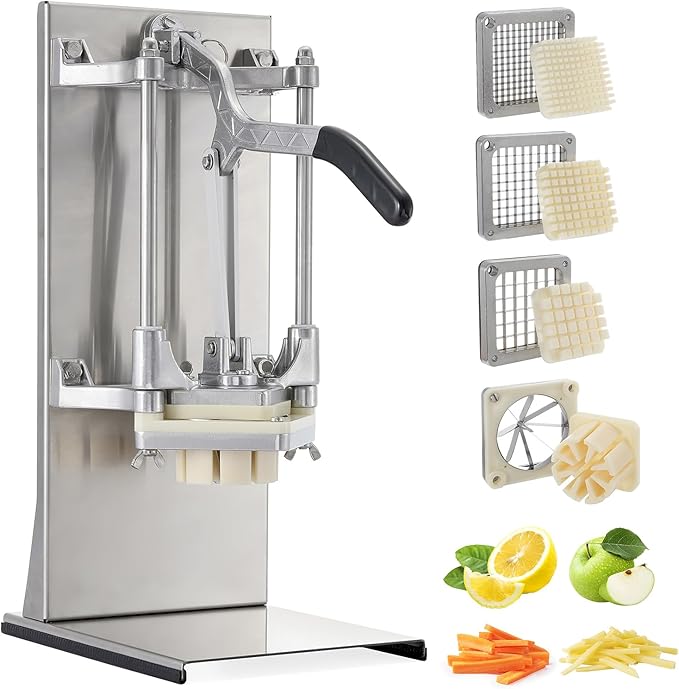 4in1 Commercial French Fry Cutter & Lemon Slicer & Vegetable Chopper - Stainless Steel with Extended Handle - 4 Blades for Home, Bar, Restaurant - Dice, Slice & Chop 1/2", 3/8", 1/4", 8 Wedge