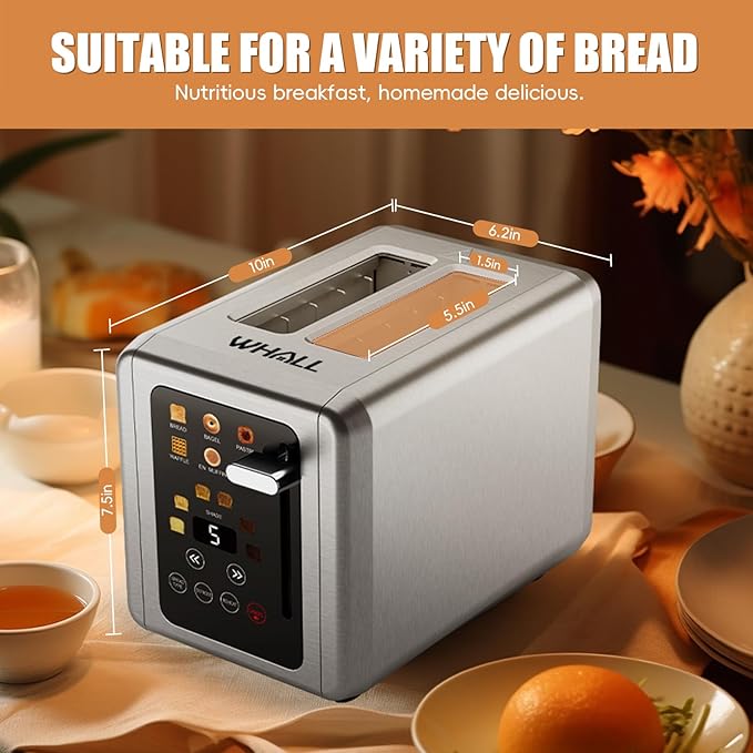 WHALL Touch Screen Toaster 2 Slice,Stainless Steel Digital Timer Toasters,6 Bread Types & 6 Shade Settings,Smart Extra Wide Slots Toaster With Bagel,Cancel,Defrost Functions