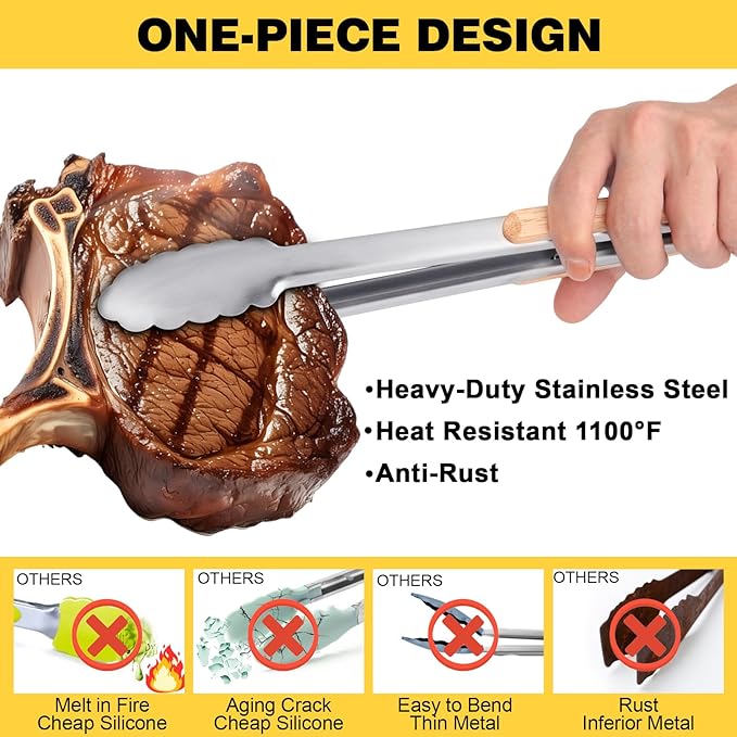 Premium Metal Kitchen Tongs for Cooking - Heat Resistant 1100°F Stainless Steel Tongs with Comfortable Wooden Grips - Perfect for Grill, Salad, Toaster, Cooking, and Serving Food (12-inch)