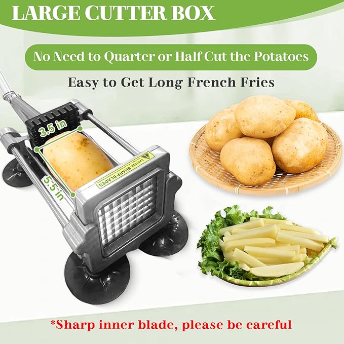 Commercial French Fry Cutter, Heavy Duty Potato Slicer with 3/8 and 1/2Inch Blade, Stainless Steel Potato ChopperFrench Fries Cutter with Suction Feet,