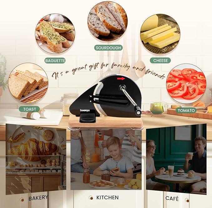 Huanyu Manual Bread Slicer Upgrade Foldable Sourdough Cutter Versatile Hand Crank Slicers Stainless Steel Blade Adjustable Thickness with Scale Line&Suction Cup for Homemade & Commercial Use (Black)