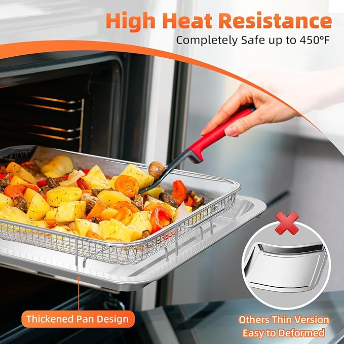 Air Fryer Tray for Oven, Oven Air Fryer Basket and Tray with Cooking Guide and 30 PCS Parchment Papers, DEGOVIN Crisper Non-stick Stainless Steel Air Fry Pan for Convection Oven(15.8" × 11")