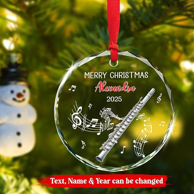 Custom Musical Instrument Christmas Ornament With Text & Name, Flute Instrument Glass Keepsake Gifts For Flutist, Personalized Flute Player Xmas Glass Ornament, Music Lovers Ornaments Christmas 2025
