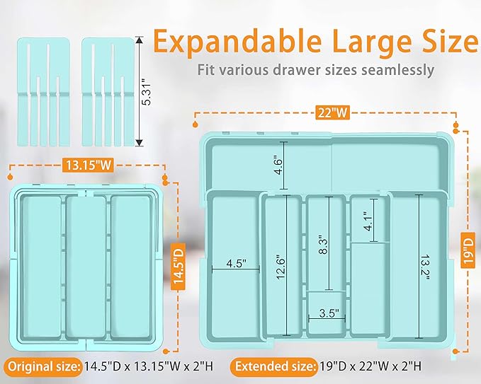 Homecor Utensil Drawer Organizer for Kitchen, Expandable Silverware Organizer Cooking Utensils Tray, Large Cutlery and Flatware Holder, Kitchen Tools & Gadgets Storage (Turquoise)